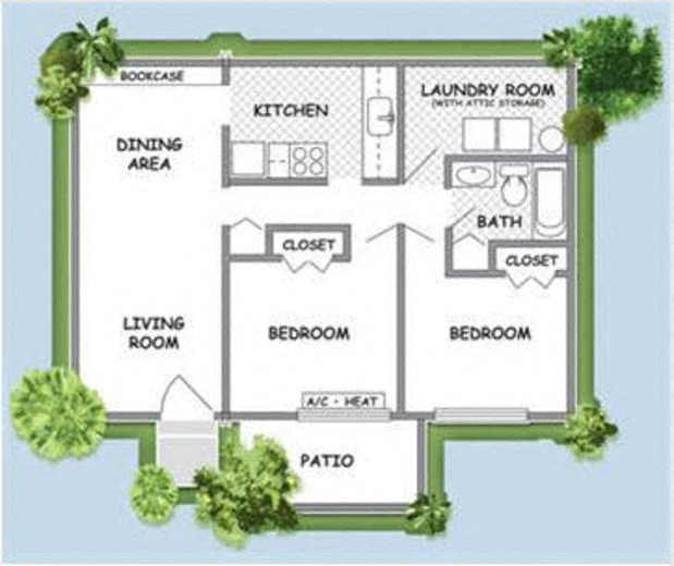 Floor plan for 2 beds, 1 bath, 864 sqft